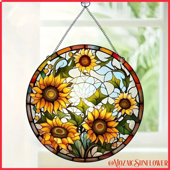 SUNFLOWERS Mosaic Suncatcher Double Sided With Hanging Chain NWT - Picture 2 of 5